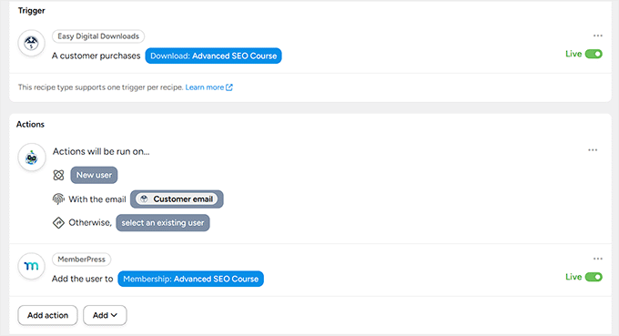 MemberPress recipe in Uncanny Automator MemberPress recipe in Uncanny Automator