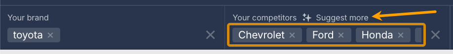 Ahrefs' Brand Radar search bar with Toyota added as "your brand" and competitors like Chevrolet, Ford and Honda suggested but the AI tool.