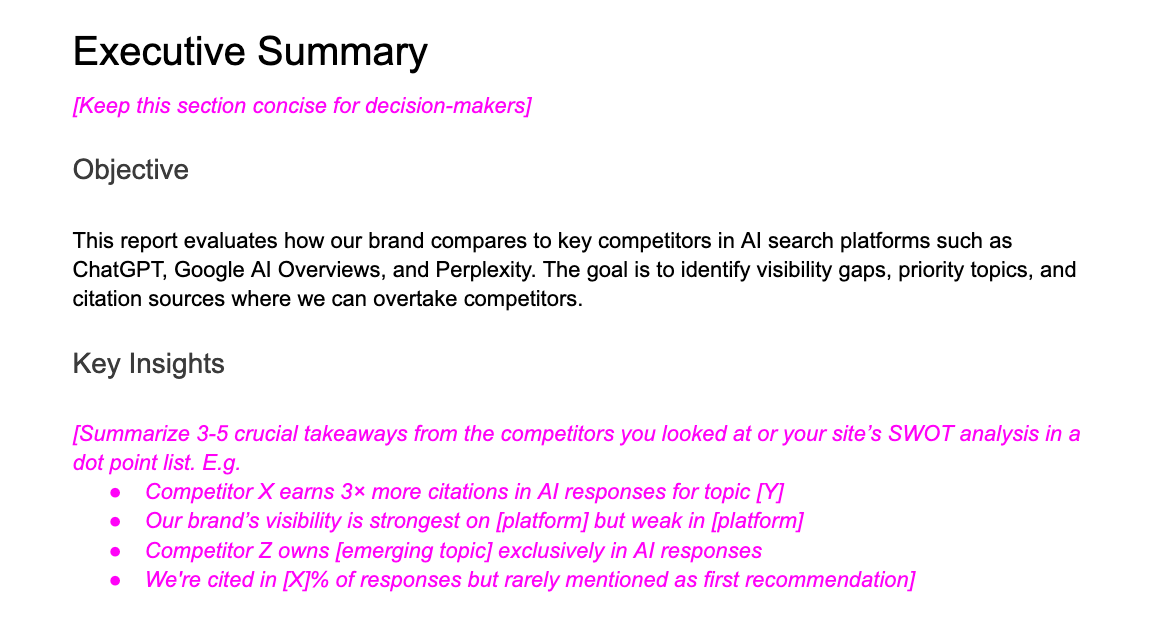 Ahrefs' AI Search Competitor Analysis Report template, screenshot of executive summary.