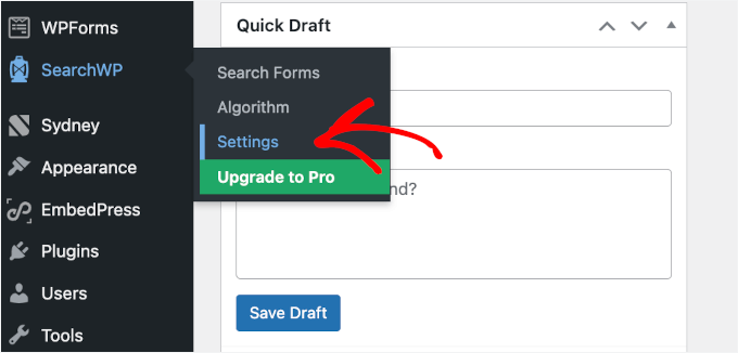 The Settings menu in SearchWP The Settings menu in SearchWP
