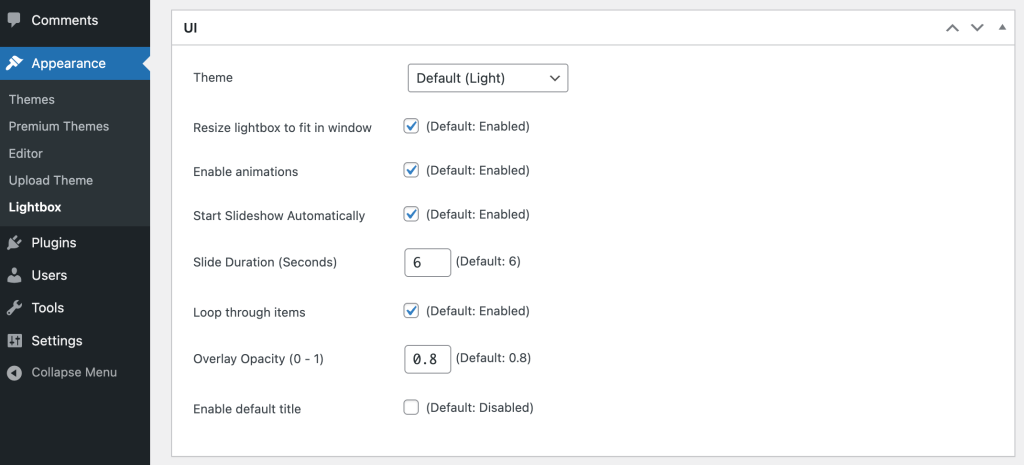 simple-lightbox-settings-page-UI Simple Lightbox settings page UI