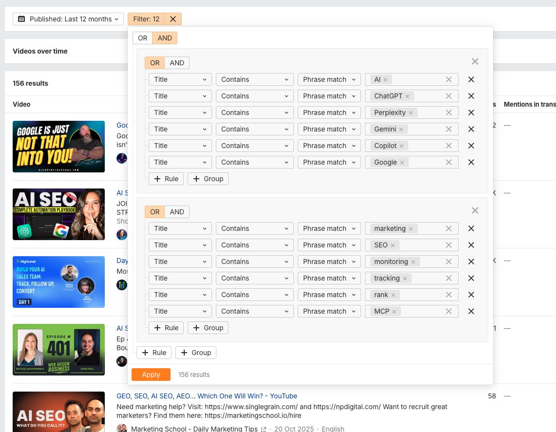 Ahrefs Brand Radar YouTube filter interface with 12 nested filters searching for AI platform mentions (ChatGPT, Perplexity, Gemini, Copilot, Google) and SEO-related terms (marketing, SEO, monitoring, tracking, rank, MCP)