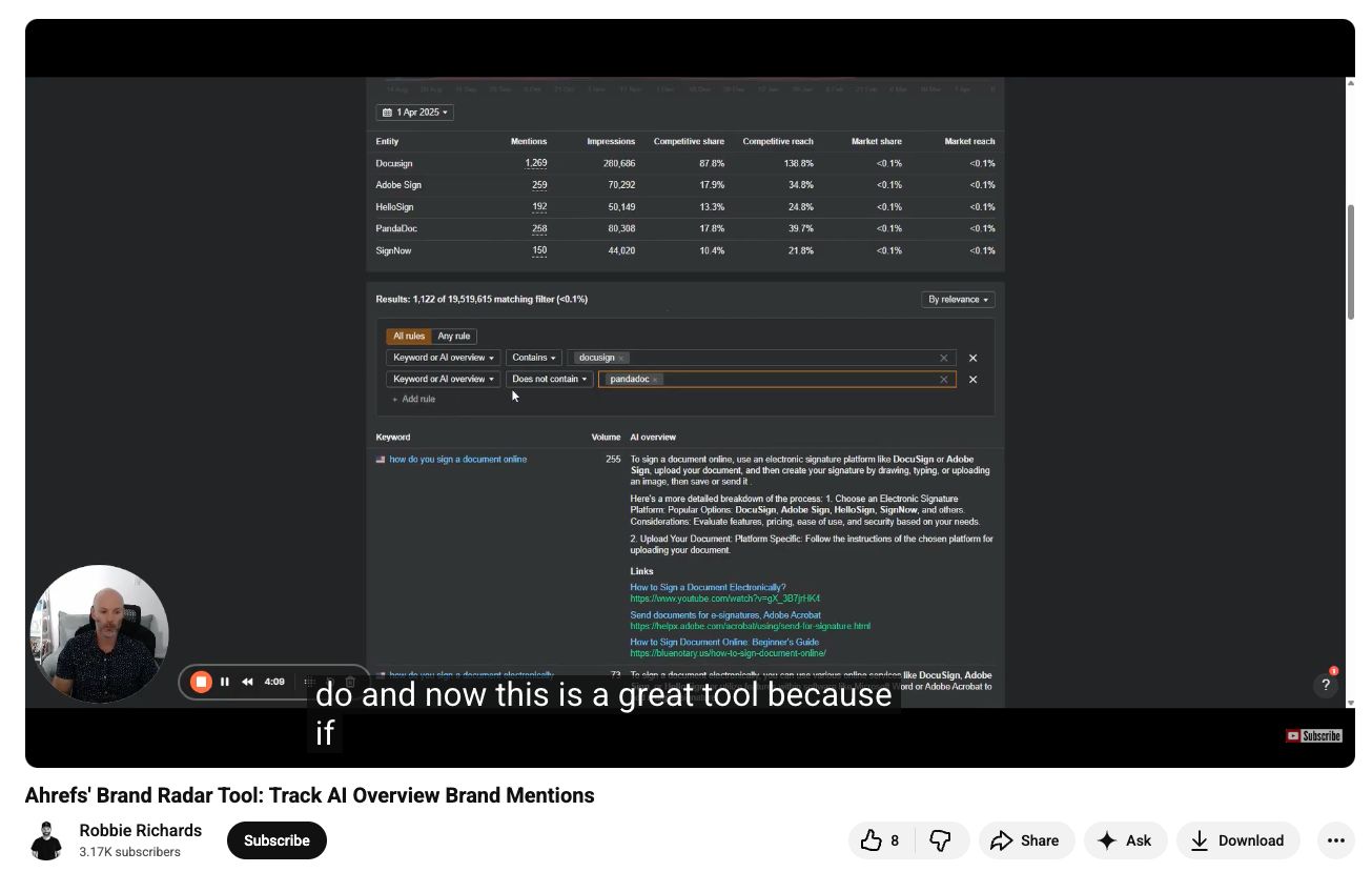 YouTube video showing Ahrefs Brand Radar AI Overview analysis with competitive table displaying DocuSign leading with 1,269 mentions and 280,636 impressions, followed by Adobe Sign, HelloSign, PandaDoc, and SignNow, with filters for 'docusign' and excluding 'pandadoc