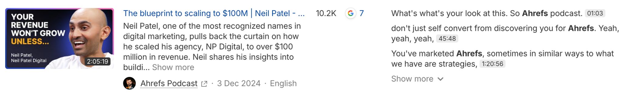 YouTube video thumbnail showing Neil Patel with text "YOUR REVENUE WON'T GROW UNLESS..." Video details show title about scaling to $100M, 10.2K views, 7 comments, 2:05:19 duration.