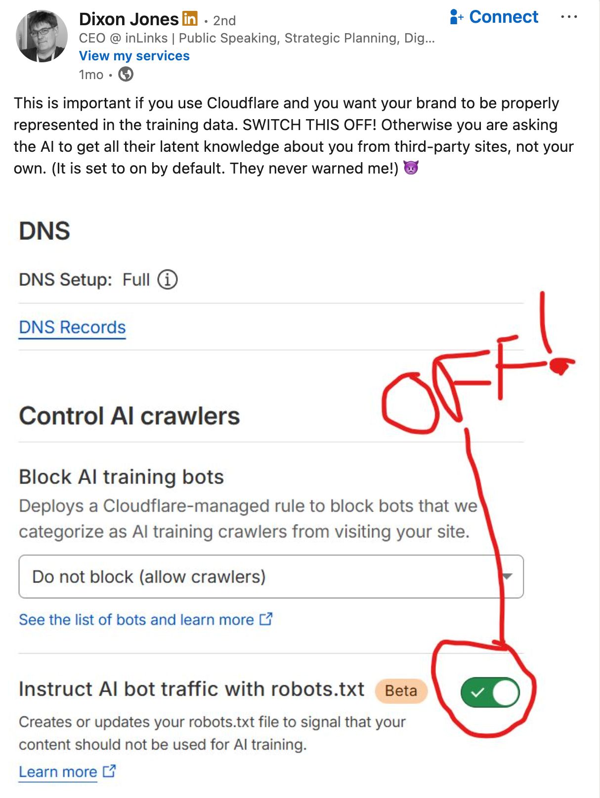 Screenshot of Cloudflare DNS settings showing "Block AI training bots" toggle with "OFF" circled in red, warning users to enable it.