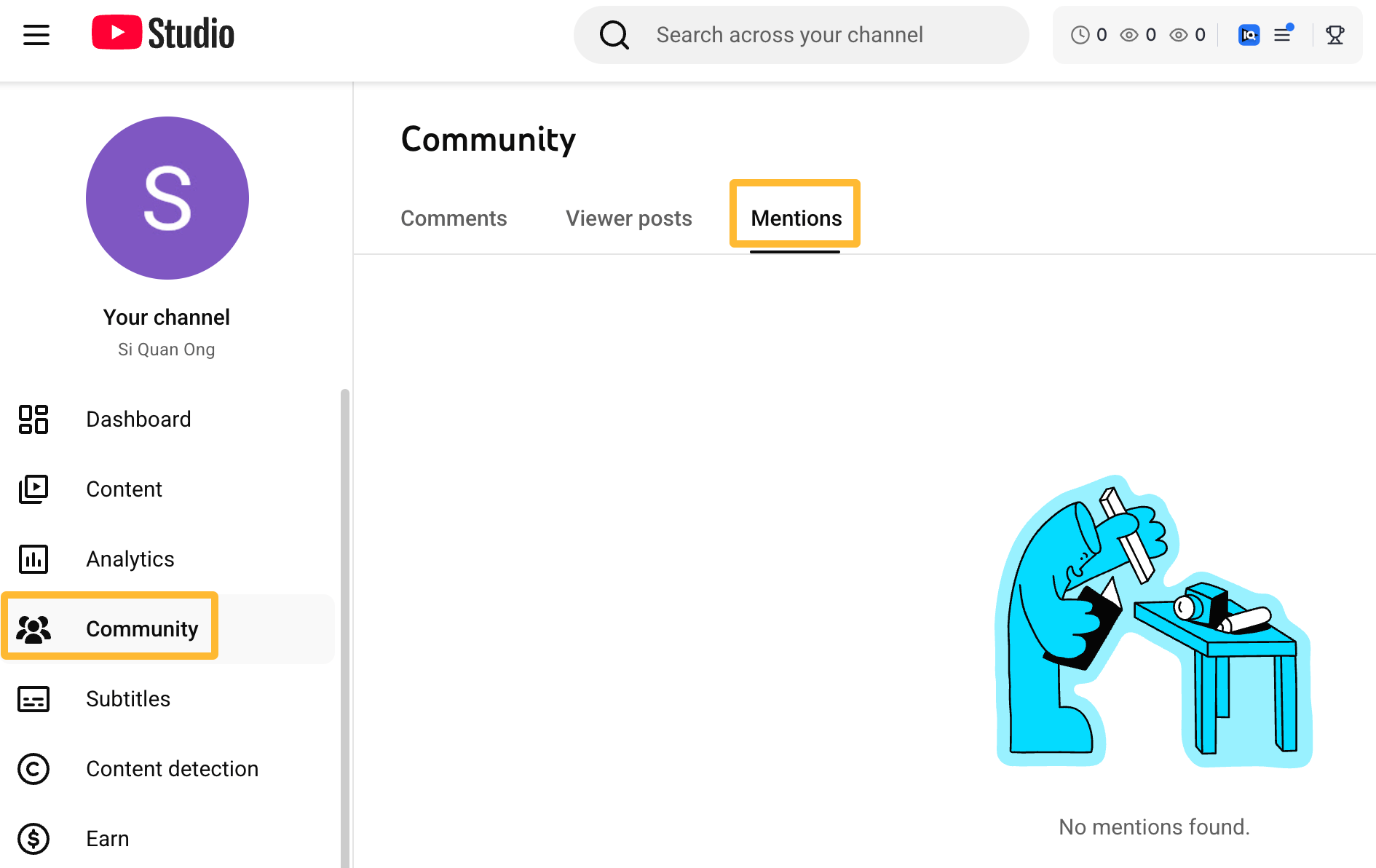 YouTube Studio Community tab showing "Mentions" section with "No mentions found" message and illustration of figure at microscope