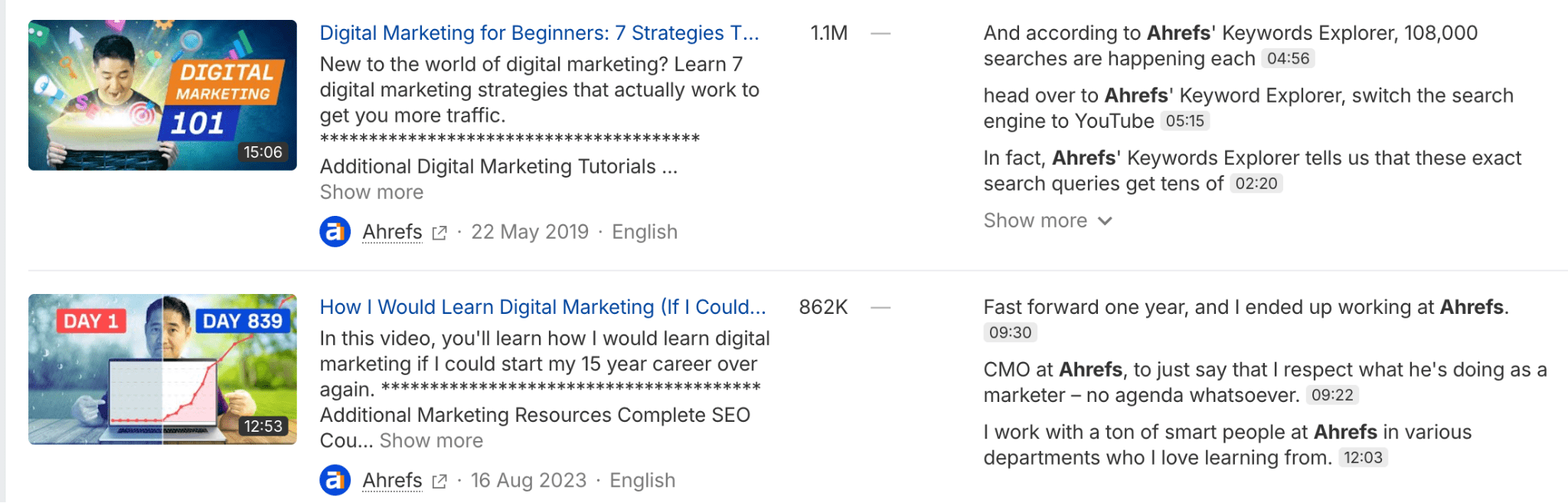 YouTube search results showing two Ahrefs digital marketing videos with view counts, thumbnails, descriptions and timestamps.