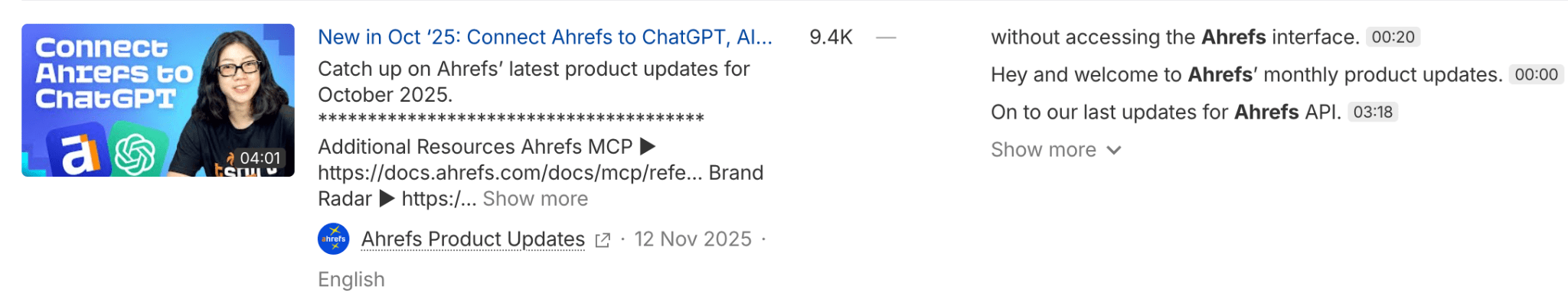 YouTube video thumbnail showing "Connect Ahrefs to ChatGPT" title with presenter, 4:01 duration, 9.4K views, published Nov 12 2025, with timestamp navigation