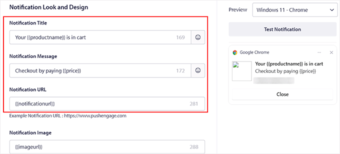 Add the notification title and URL Add the notification title and URL