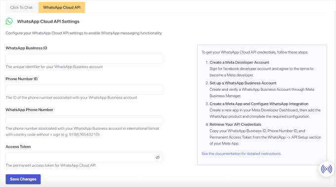 Completing the WhatsApp Cloud API details Completing the WhatsApp Cloud API details