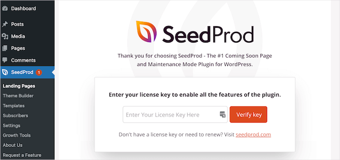 Adding the SeedProd license key to your WordPress website Adding the SeedProd license key to your WordPress website