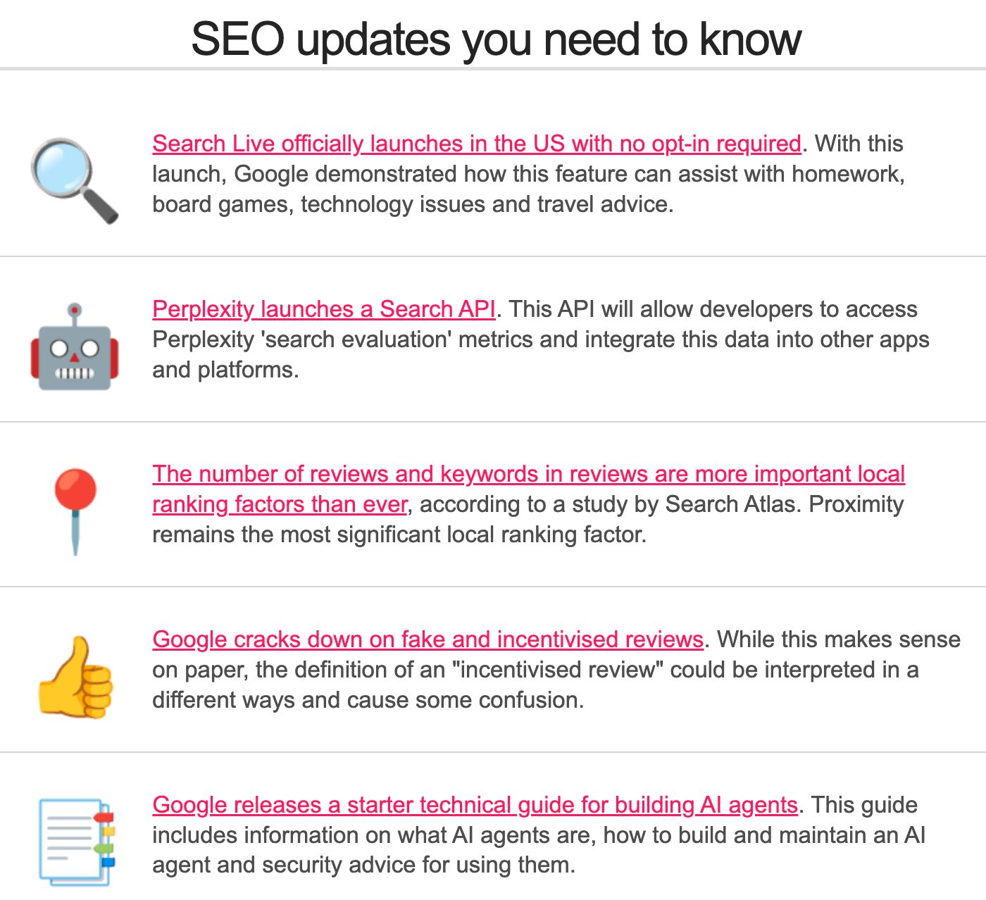 Example of an Core Updates newsletter