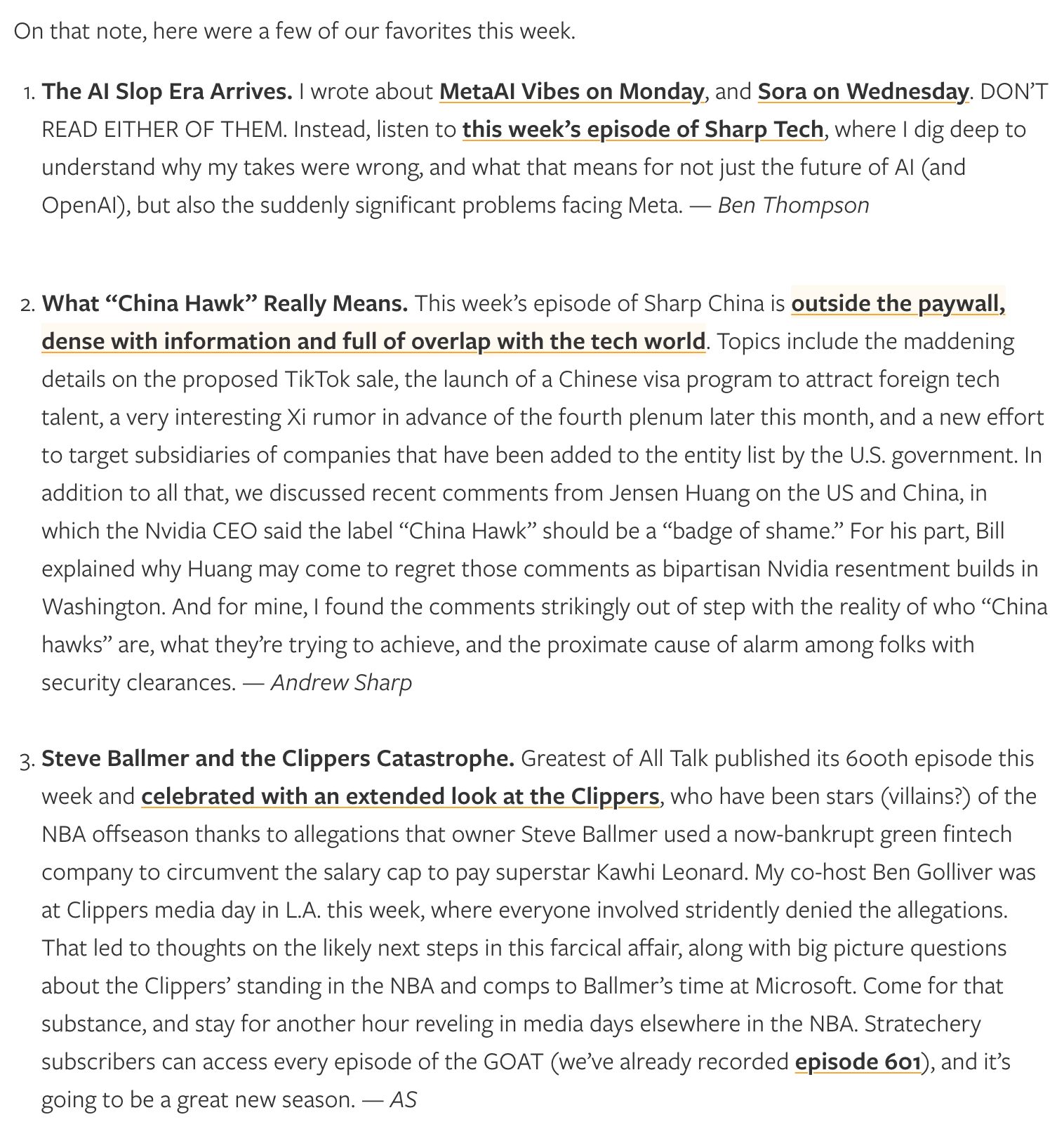 Example of an Stratechery newsletter