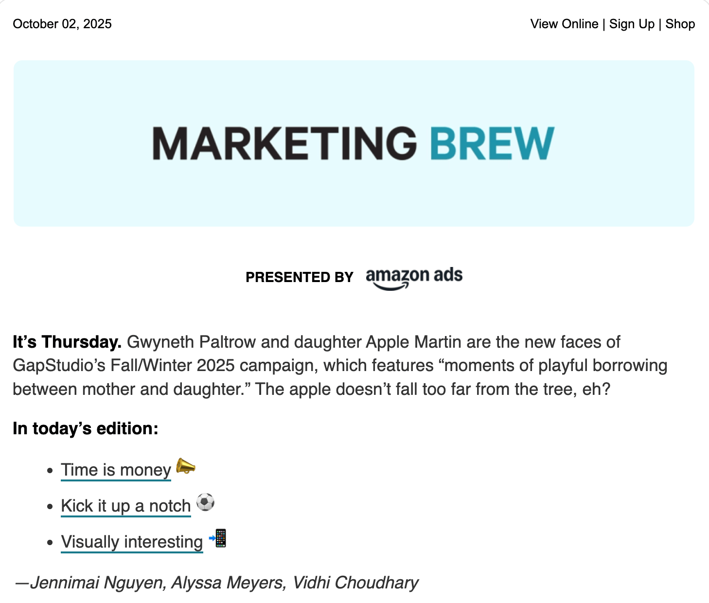 Example of an Marketing Brew newsletter