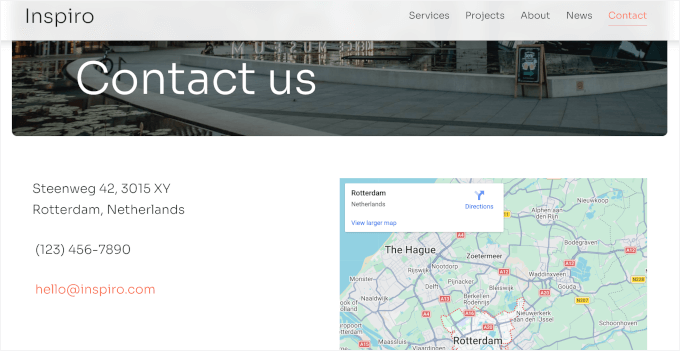 Inspiro's contact page with map