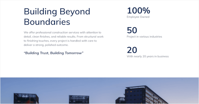 SeedProd's pre-built company stats section