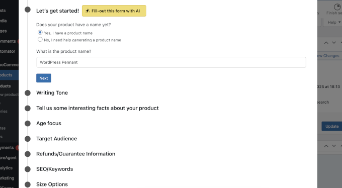 StoreAgent AI product description form StoreAgent AI product description form