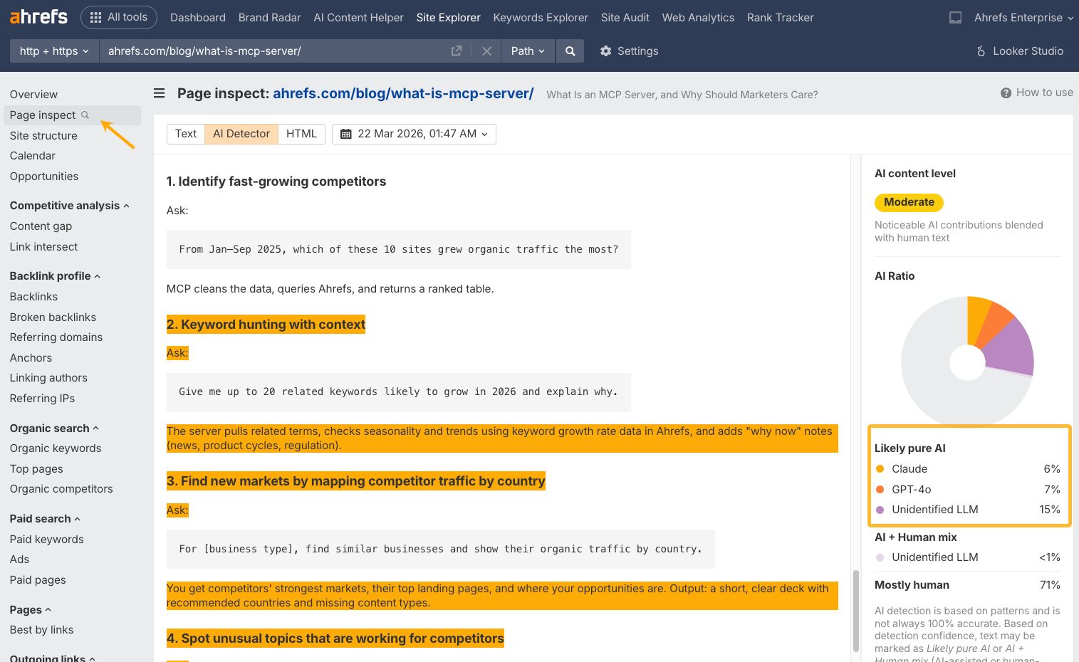 A screenshot of the Ahrefs 'Page Inspect' tool, showing AI content detection for a blog post.