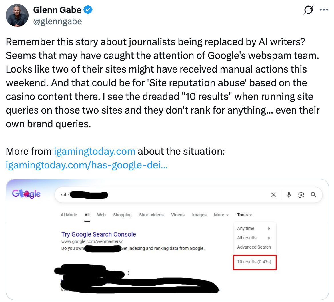 A tweet by Glenn Gabe describes two sites receiving manual Google actions for "site reputation abuse," showing a screenshot of Google search results for one of the affected sites.