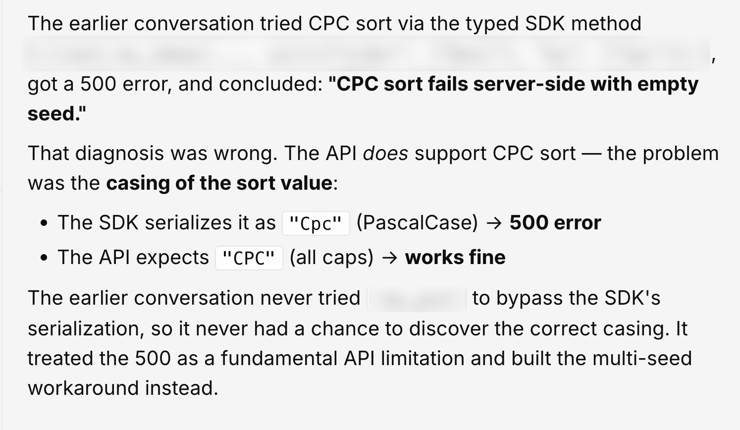 A debugging explanation showing that the SDK serialized the sort value as "Cpc" causing a 500 error, while the API expected "CPC" in all caps