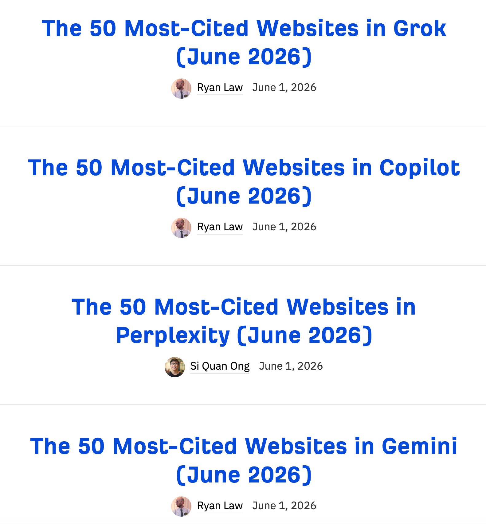 Four Ahrefs blog post previews titled "The 50 Most-Cited Websites in Grok, Copilot, Perplexity, and Gemini (June 2026)", each with an author byline and date
