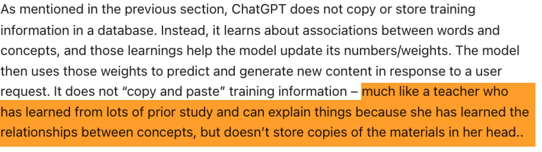 Screenshot of Open AI's example of how ChatGPT uses training data in responses.