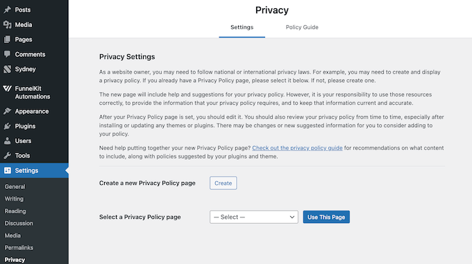 How to generate a privacy policy using the built-in WordPress tools