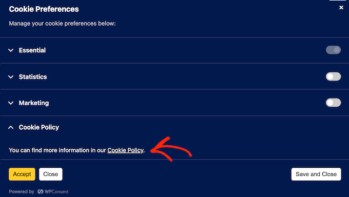 How to add a cookie policy link to your WordPress popups 