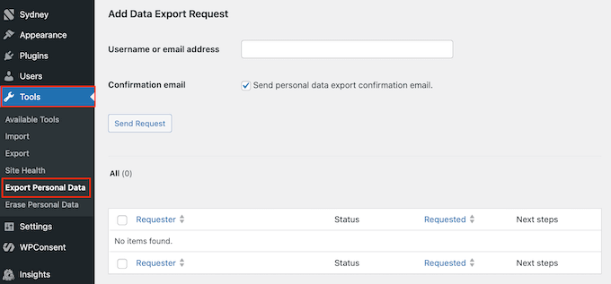 Exporting the user's personal data from your WordPress dashboard