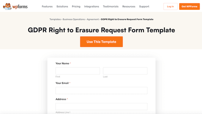 WPForms' data deletion request template 