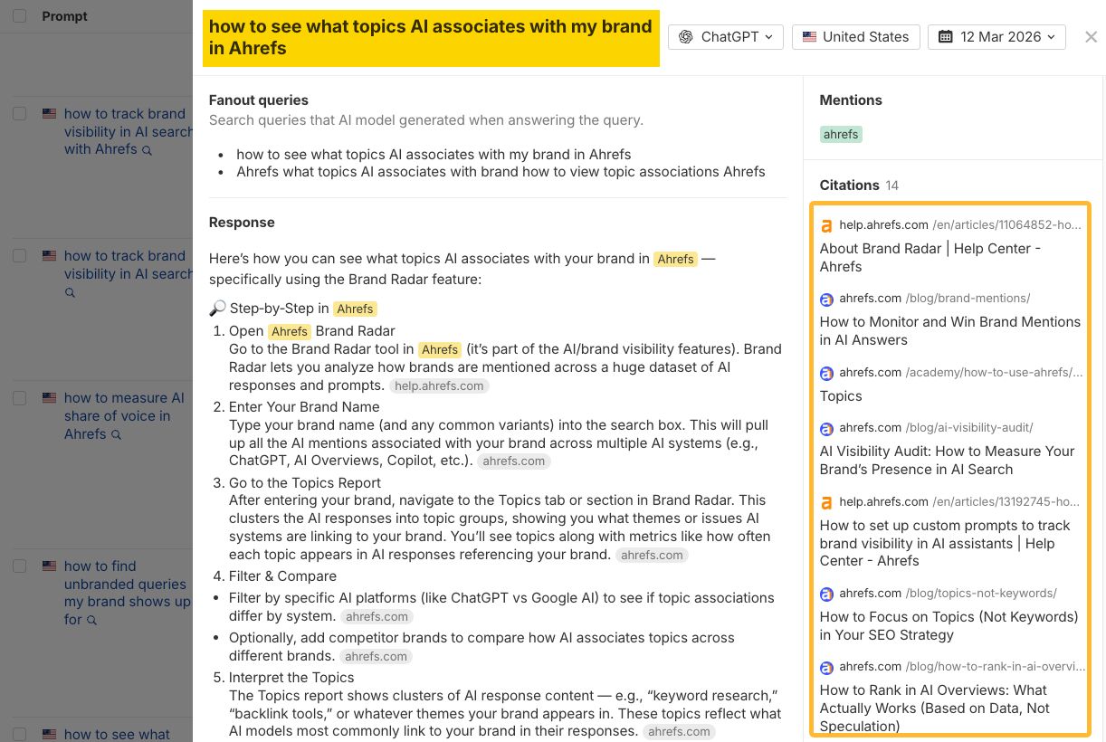 A search engine interface displaying a step-by-step guide on how to determine AI brand associations in Ahrefs.