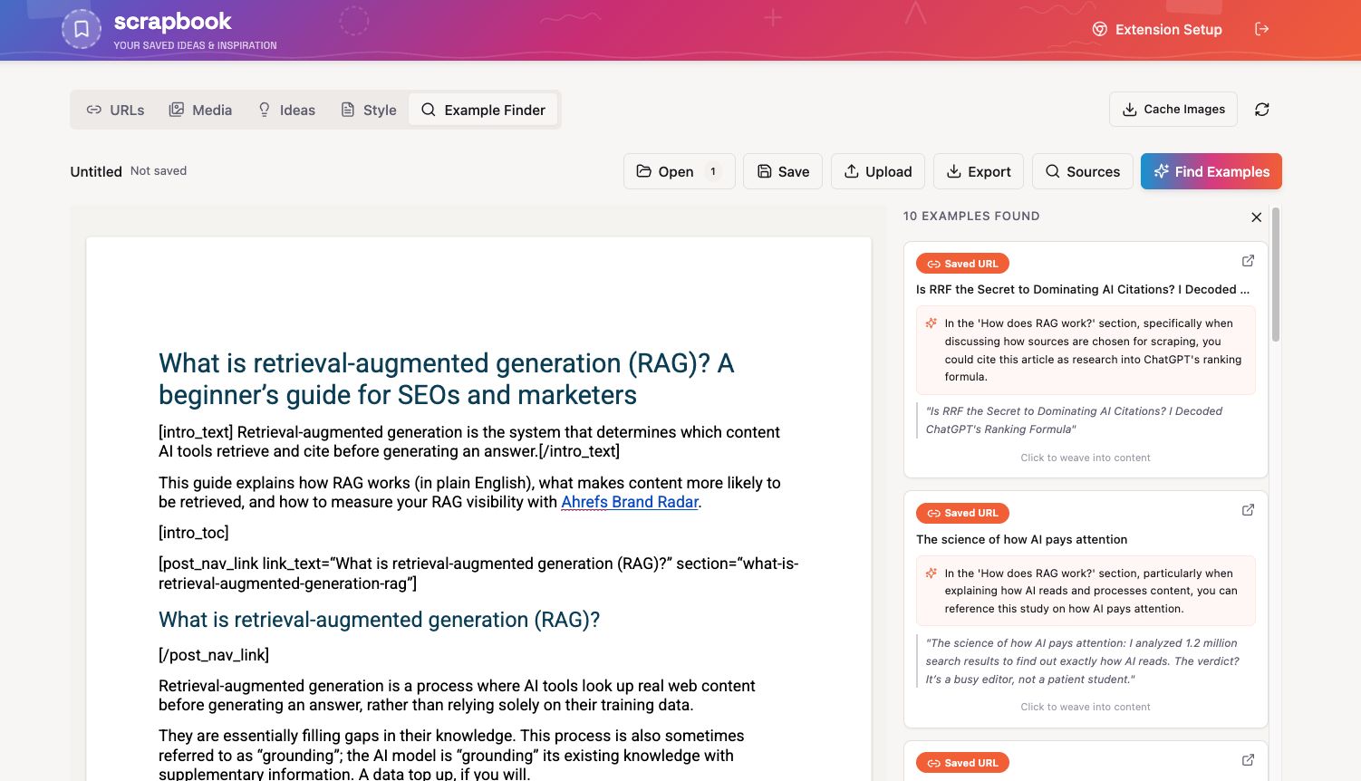 A screenshot of a web application for creating and discovering content, showing a draft article on "retrieval-augmented generation (RAG)" and a sidebar with suggested content examples.