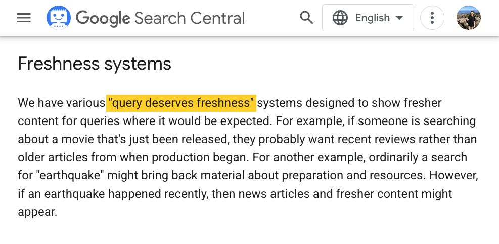 Screenshot of a Google Search Central page titled "Freshness systems", with "query deserves freshness" highlighted.