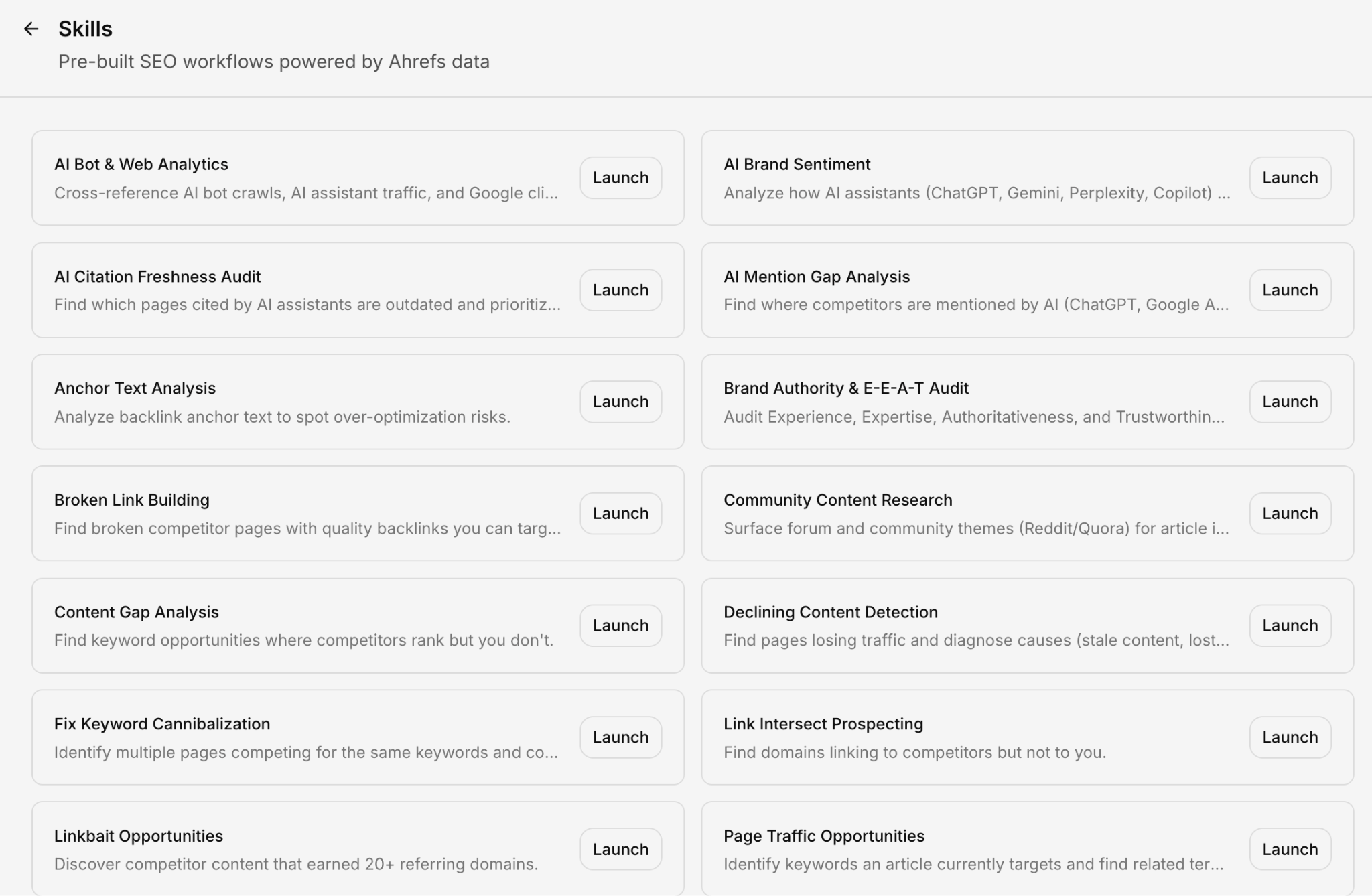 A screenshot of a "Skills" menu featuring 16 SEO workflow options powered by Ahrefs data, each with a "Launch" button.