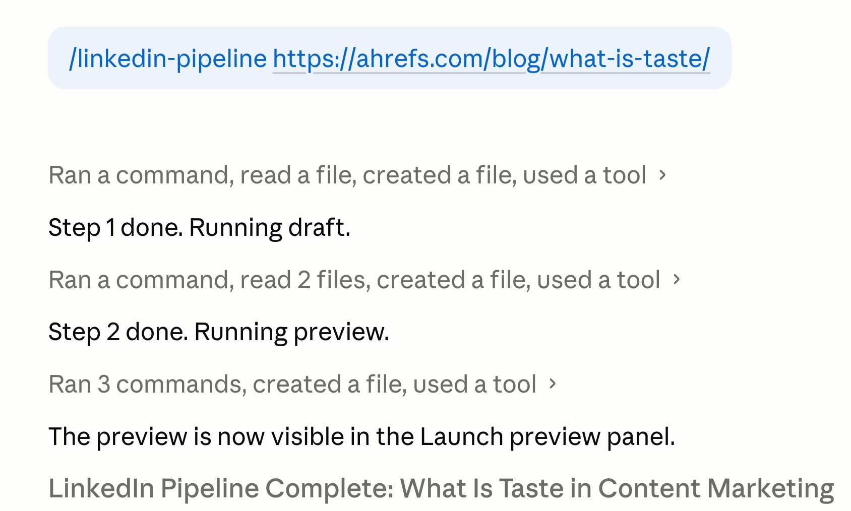 A screenshot showing a LinkedIn content pipeline process for an Ahrefs article, with steps for draft and preview.