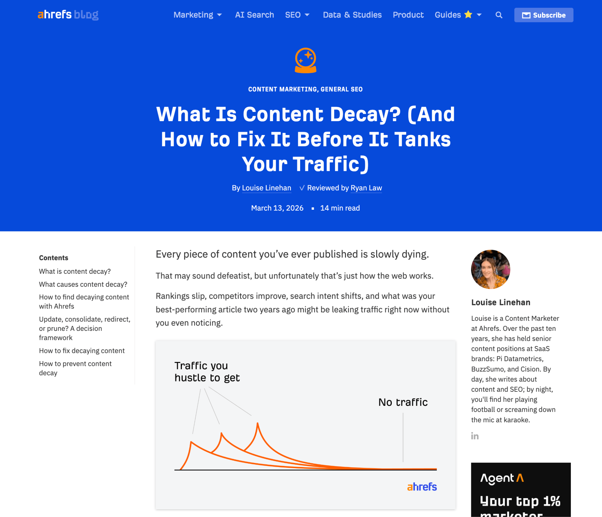 A webpage from Ahrefs blog titled "What Is Content Decay? (And How to Fix It Before It Tanks Your Traffic)."