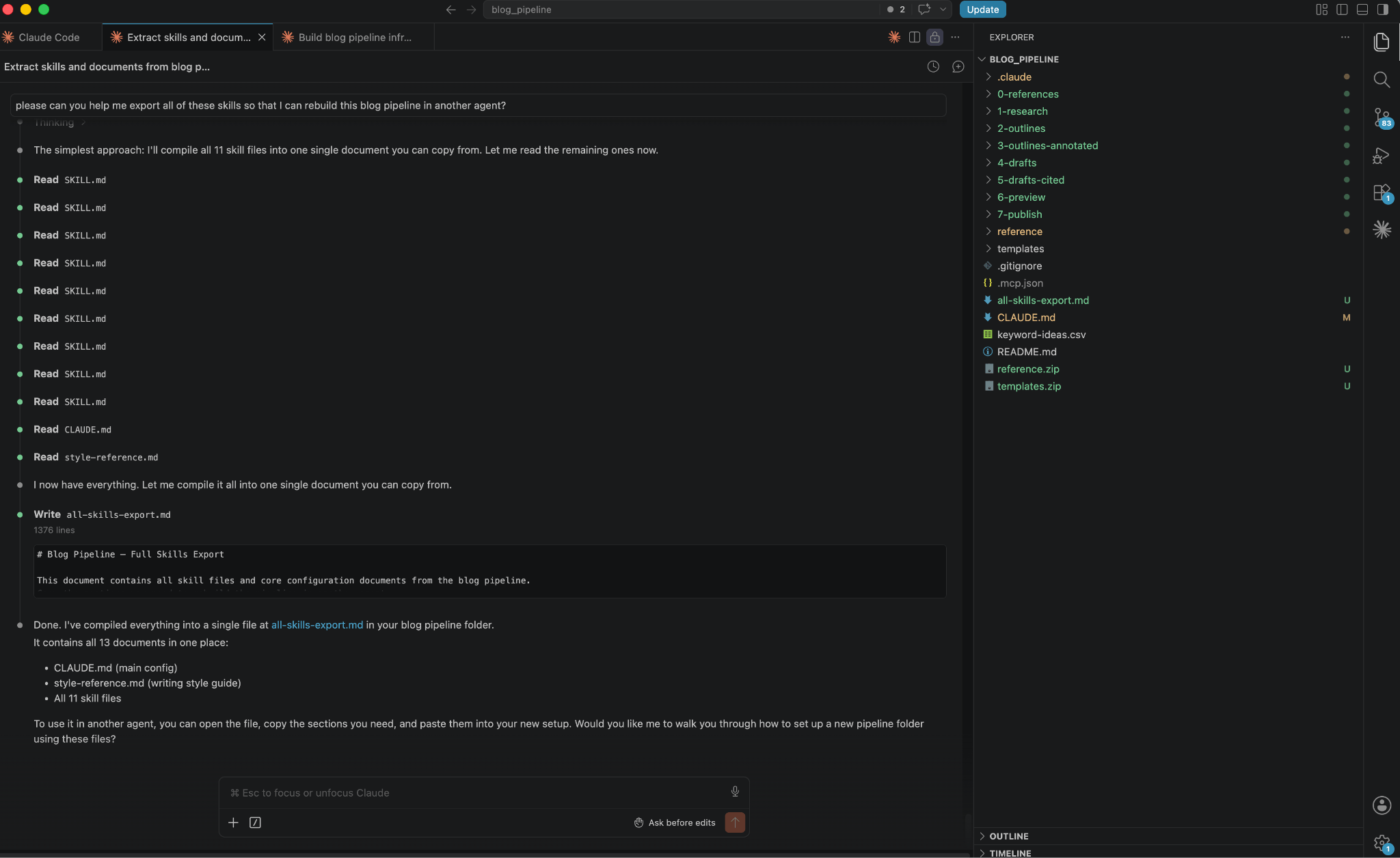 A screenshot of a coding environment shows Claude AI compiling 11 skill files, CLAUDE.md, and style-reference.md into one "all-skills-export.md" file in the "blog_pipeline" directory.