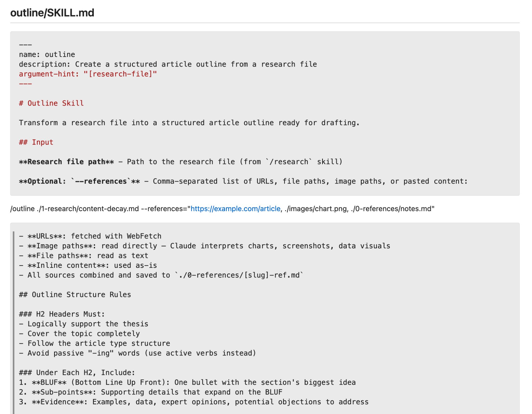 A screenshot of a markdown file outlining a skill named 'outline'. It details input, output, and structure rules for article outlines.