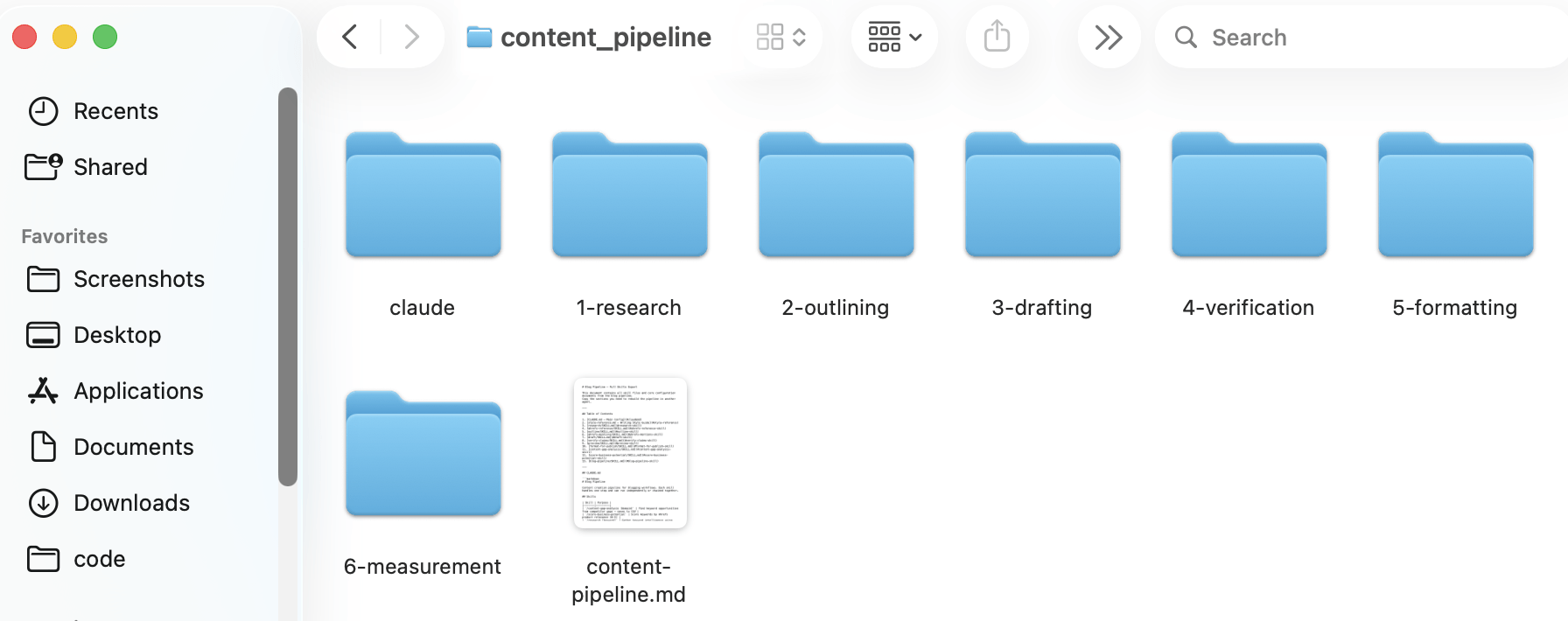 A file explorer showing "content_pipeline" folder with subfolders like "1-research", "2-outlining," and a markdown file.