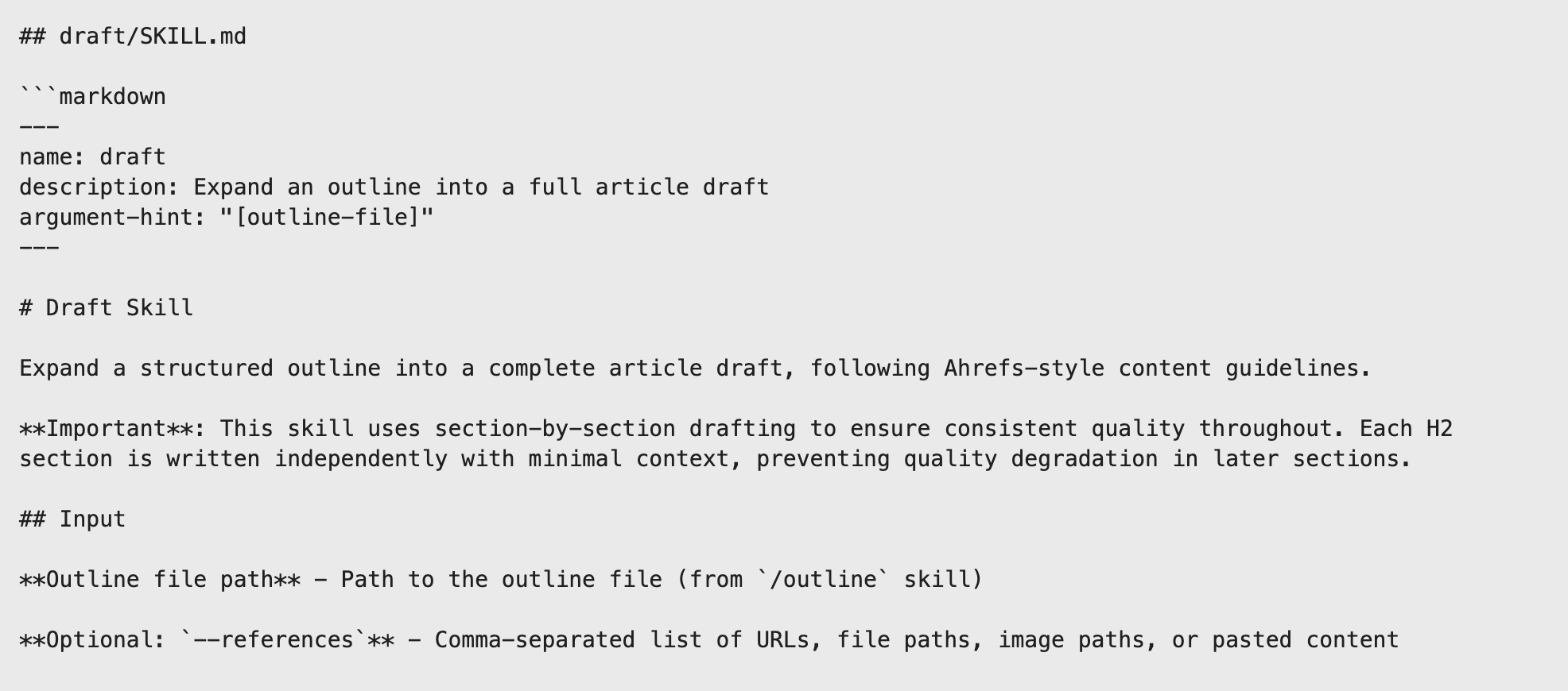 A screenshot displays a Markdown file named "draft/SKILL.md," detailing a "Draft Skill" for expanding outlines.