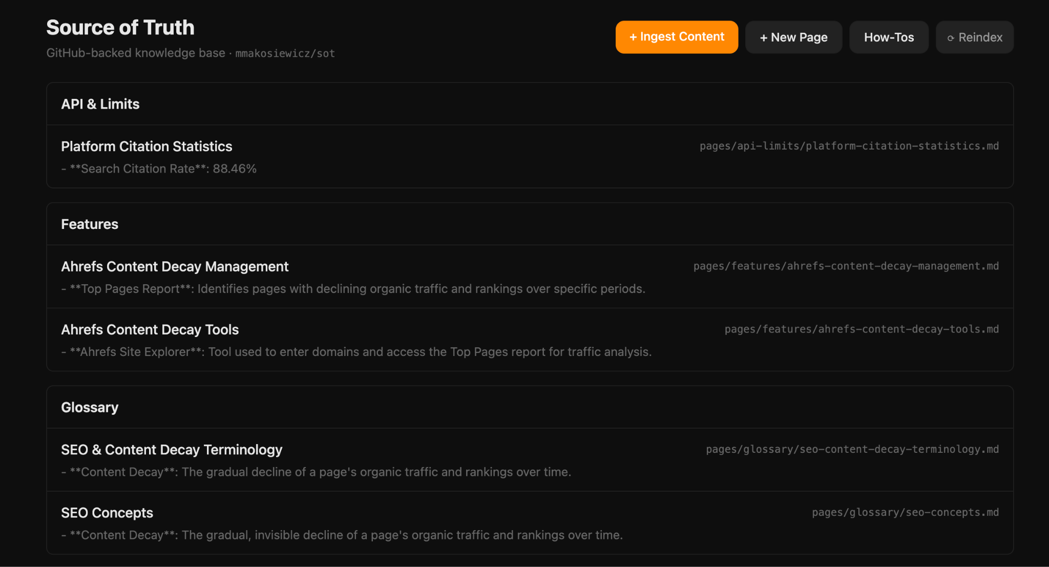 A dark-themed "Source of Truth" knowledge base showing categorized pages, titles, descriptions, and file paths.