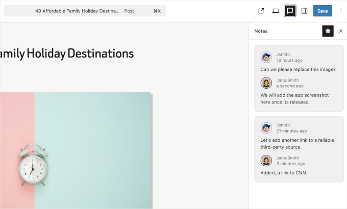 WordPress 6.9 Notes Panel Viewing all notes in the notes panel sidebar