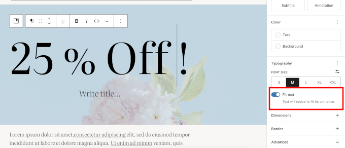 Fit Text Option Fit Text typography option in block settings