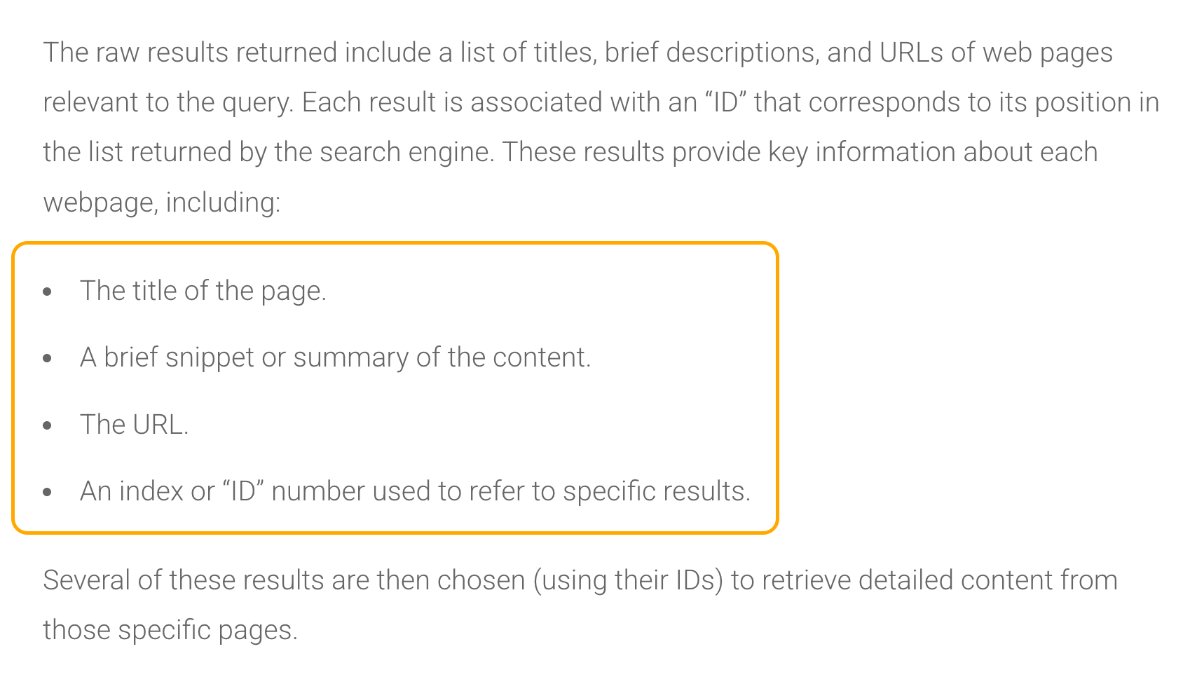 Text describing raw search results: title, description, URL, and an ID for each relevant webpage, highlighted with an orange box.