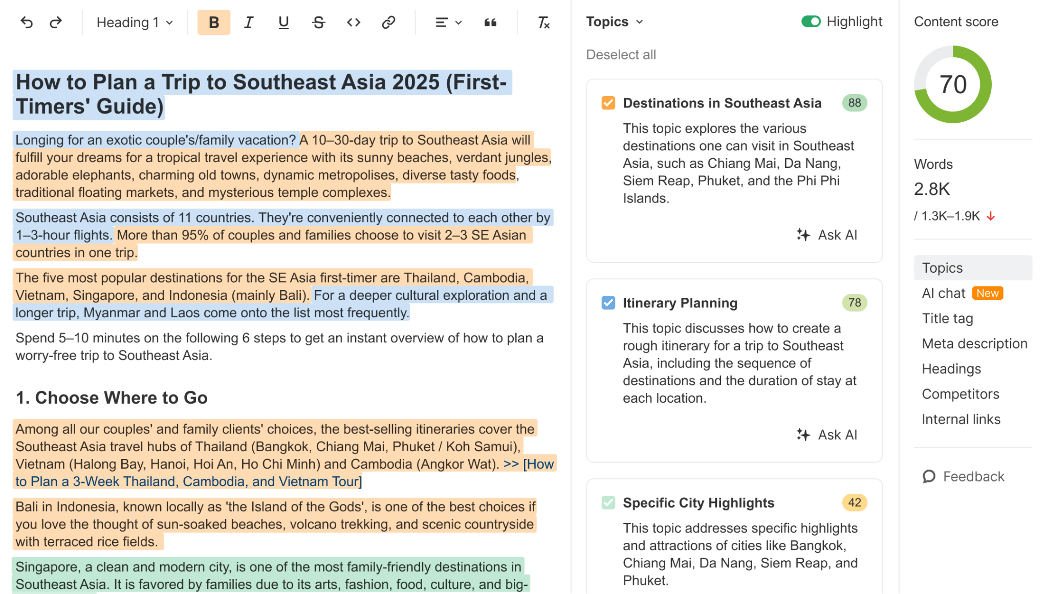 A screenshot of a content optimization tool, showing text being edited and highlighted, with content score and topic suggestions.