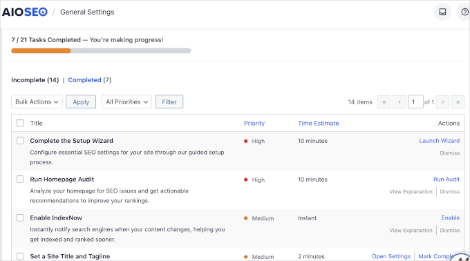 Actionable items in AIOSEO checklist Actionable items in AIOSEO checklist